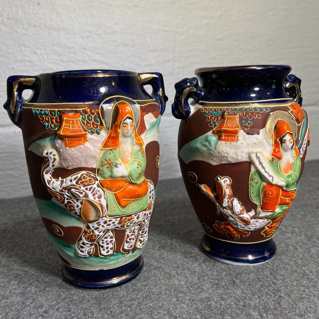 Vintage Pair of Japanese Satsuma Morriage Decorated Vases For Sale In Orlando - Image 6 of 8