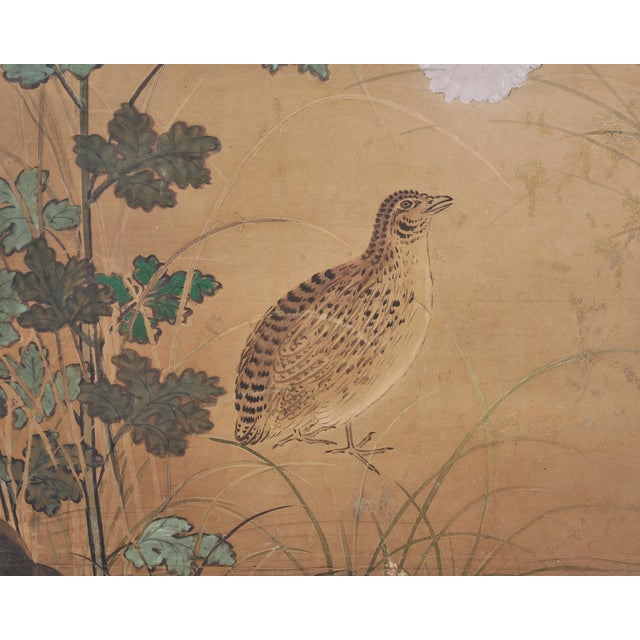 Japanese Meiji Two Panel Screen Birds Flowers in Autumn Landscape For Sale - Image 4 of 18