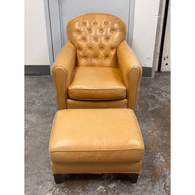 Traditional Crate & Barrel Rollins Camel Leather Button-Tufted Chair + Ottoman For Sale - Image 3 of 12