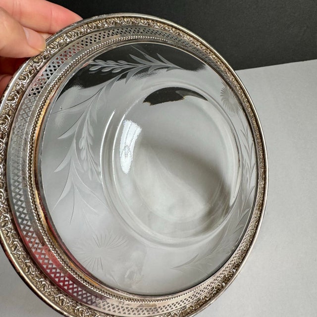 Vintage Wallace Sterling Silver Rimmed Plate Etched Cut Glass Thistle For Sale - Image 6 of 11