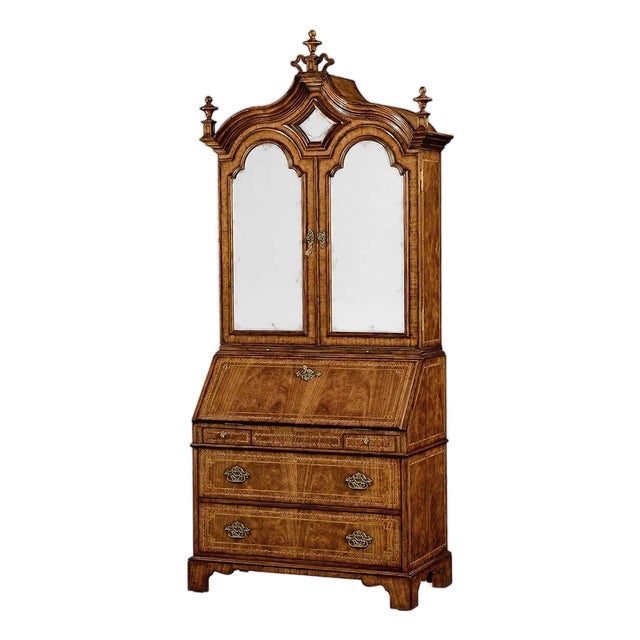 Walnut Secretary Bookcase - Chinoiserie & Mirror Doors For Sale