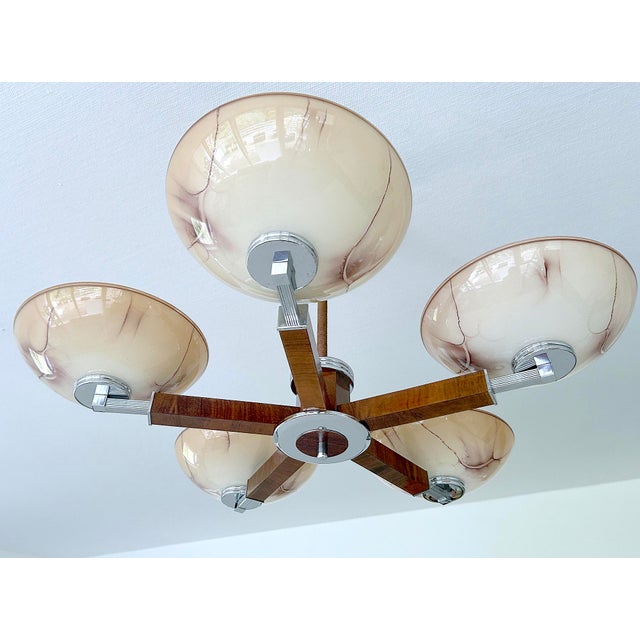 Large Art Deco Pendant Light in Wood and Glass, 1930s For Sale - Image 11 of 18