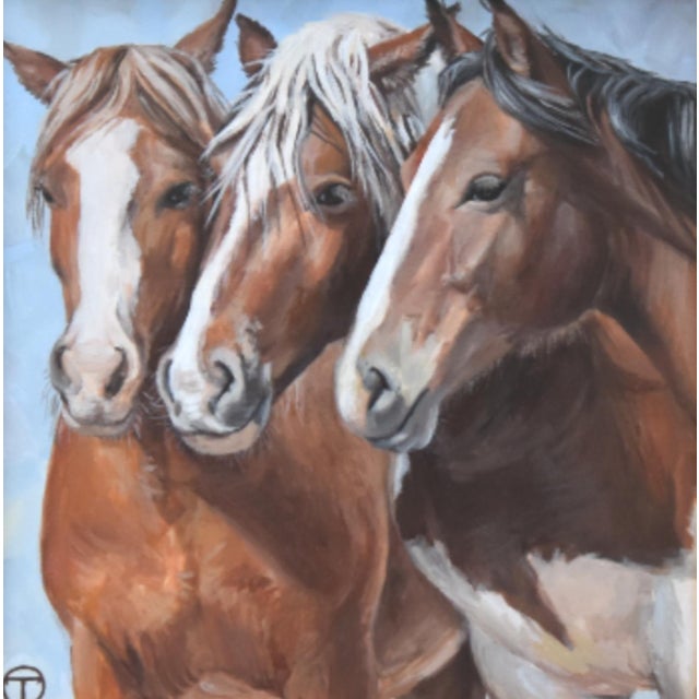 Shabby Chic Three Horses Portrait Painting Including the Antiqued Gold Wood Frame For Sale - Image 3 of 5