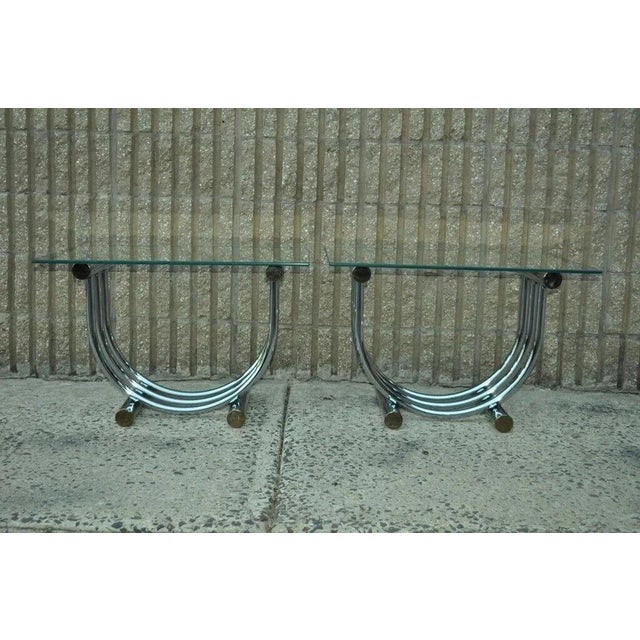 Vintage Mid Century Modern Romeo Rega Style Chrome "Arch" Side End Tables - a Pair. Circa Mid 20th Century. Measurements:...