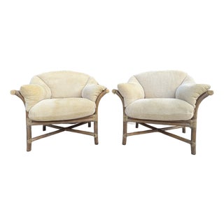 McGuire Rattan Lounge Chairs With Upholstered Seats - A Pair For Sale