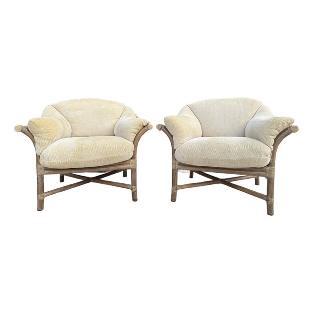 McGuire Rattan Lounge Chairs With Upholstered Seats - A Pair For Sale