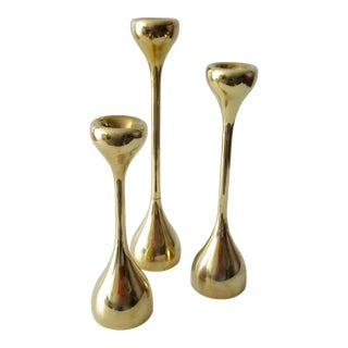 Vintage C.1970's Mid-Century Modern (India) Solid Brass Trio of Sinuous Bulbous-Shaped Candleholders -3 Pieces For Sale