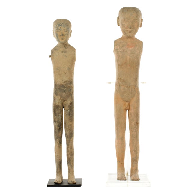 Tan Two Chinese Han Dynasty Tall Slender Terracotta Stick Man Figures For Sale - Image 8 of 8