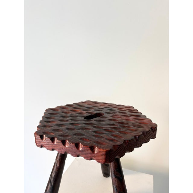 1940s Brutalist Colonial Style Carved Tripod Stool, Spain, 1940s For Sale - Image 5 of 8
