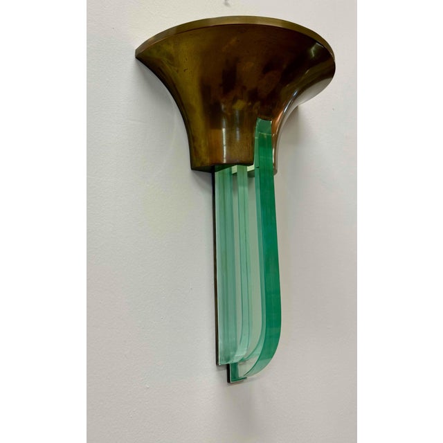 Art Deco French Brass and Glass Wall Sconce attributed to Jean Perzel, 1940s For Sale - Image 4 of 11