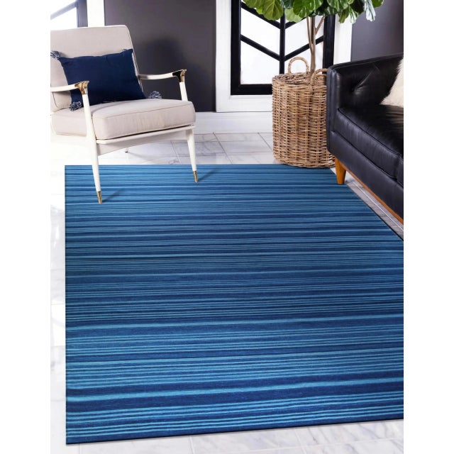Contemporary 6x9 Para Penelope Blue Stripe Geometric Flatweave Wool Carpet Rug For Sale - Image 3 of 8