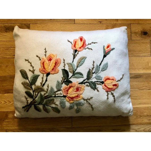 Textile Vintage Handmade Crewel Pillow With Salmon Flowers and Sage Greenery on Cream Background For Sale - Image 7 of 7