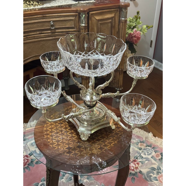 This item is an antique / vintage silver-plated and cut-crystal epergne, a highly decorative table centerpiece...