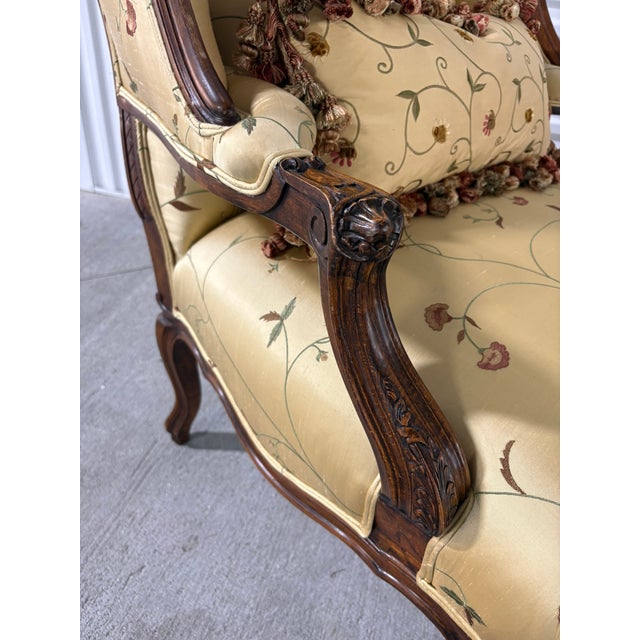 Canary Yellow Pair of French Provincial Carved Walnut Bergeres, Late 19th Century For Sale - Image 8 of 9
