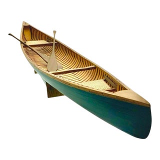 Canoe Model With Paddle and Base Large Wood Rowboat Vintage Cabin Nautical Decor For Sale