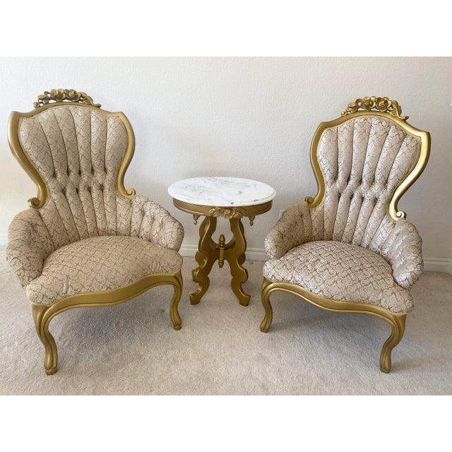 Victorian Style Kimball Style Tufted Gold Upholstered Pair of Parlor Chairs Vintage For Sale - Image 10 of 10