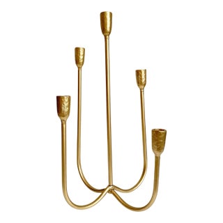 Tabletop Goldtone Textured Metal 5 Candle Tiered Candelabra For Sale
