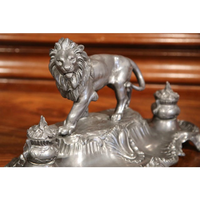 Add a distinguished touch of antique French character to a desk, library, or study with this elegant pewter inkwell signed...