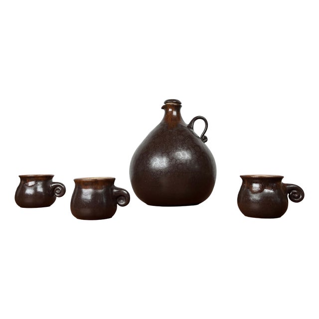 Mid-Century Modern German Studio Pottery Jug with Mugs by Melitta Teubner, 1960s, Set of 4 For Sale
