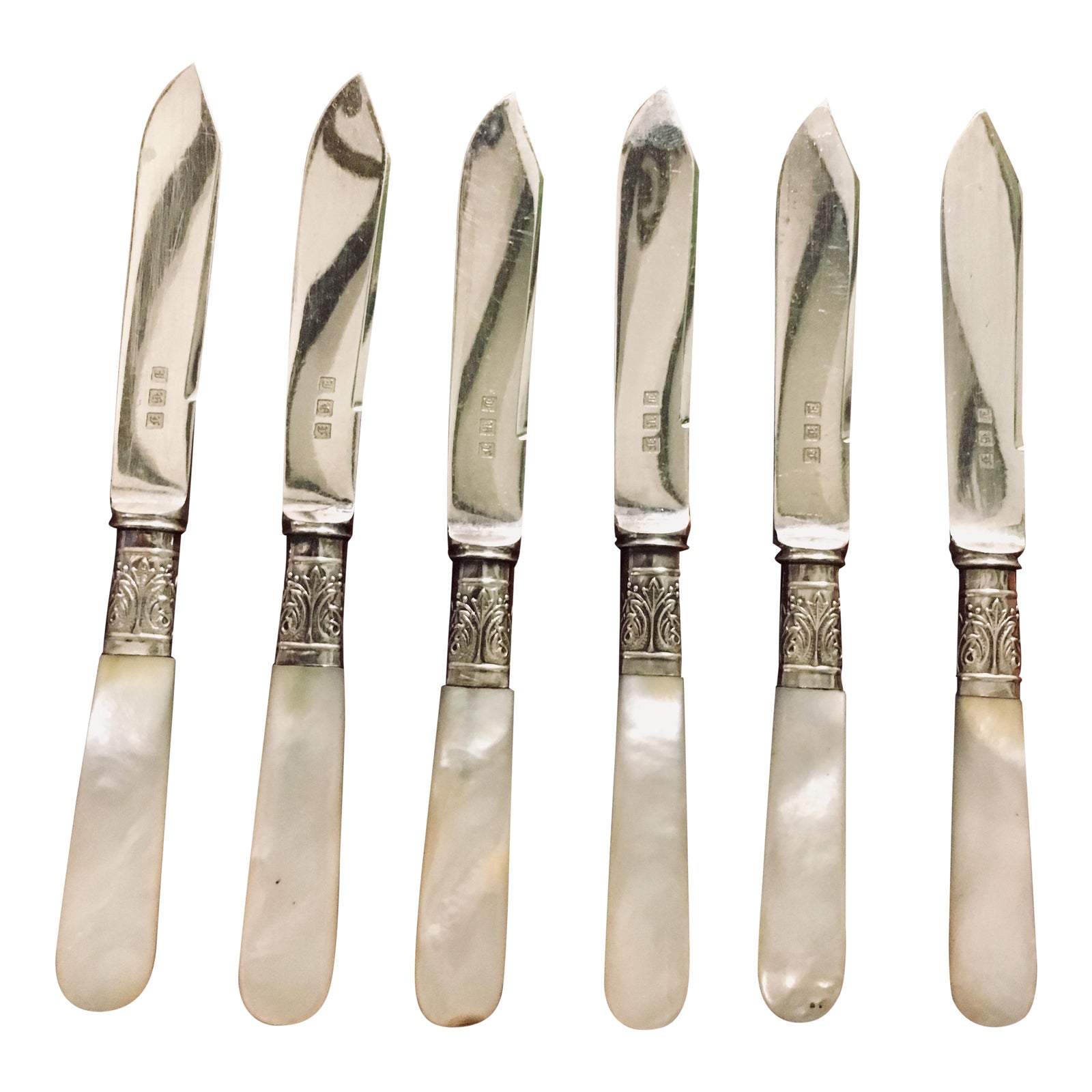 19th Century Mother of Pearl & Silver Fruit Knife Set in Box Set of 6