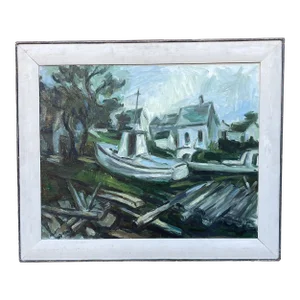 Mid-Century Modern Maritime Oil Painting on Canvas of Blue Boat Signed F. Perri