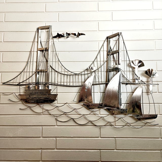 Mid 20th Century C. Jere-Style Nautical Metal Wall Sculpture With Bridge and Sailboats For Sale - Image 4 of 8