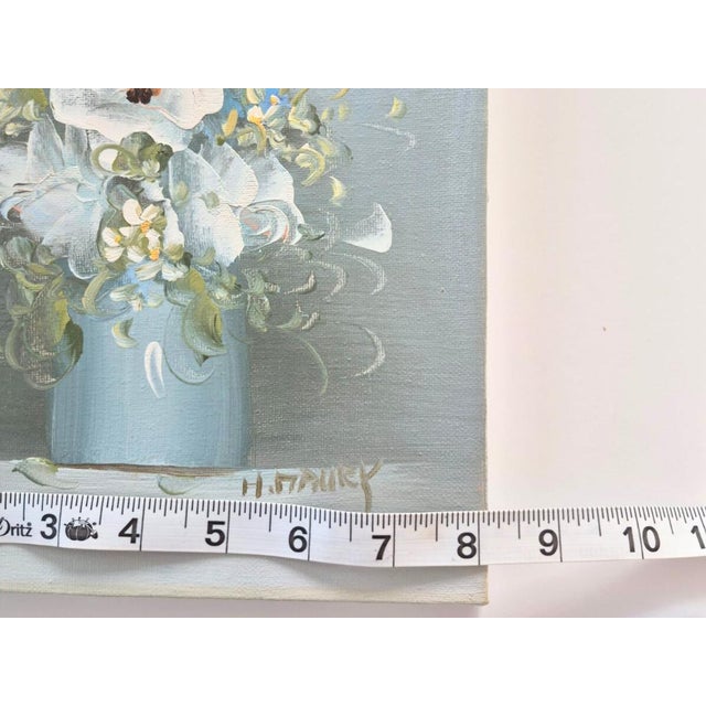 Vintage Original Painting on Canvas Floral Blue White Green Unframed Signed For Sale In Orlando - Image 6 of 8