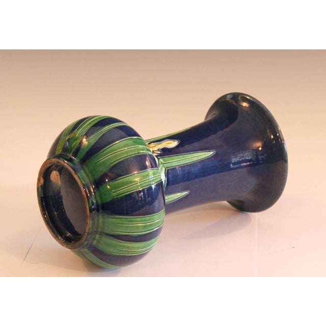 Early 20th Century Antique Awaji Pottery Blue Ground Incised Iris Japanese Trumpet Form Vase For Sale - Image 5 of 9