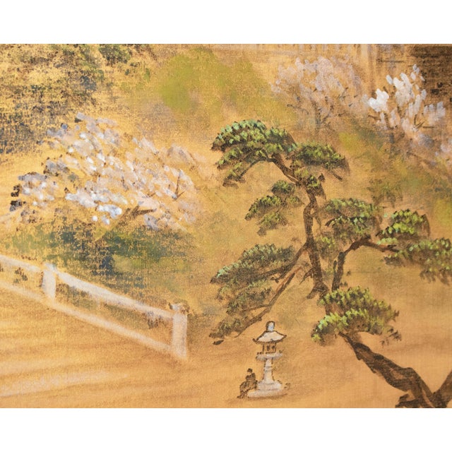 Goldenrod 1950s Showa Era Japanese Painted Byobu Screen "Landscape With Temple" For Sale - Image 8 of 17