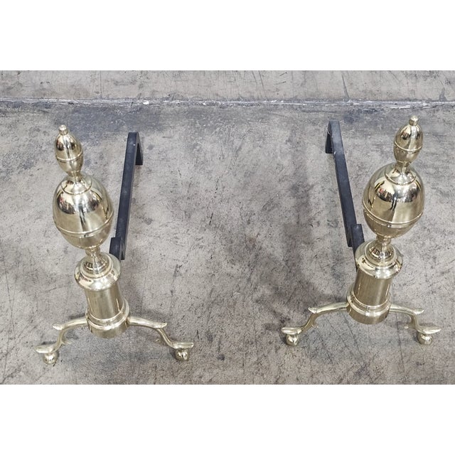 Late 20th Century Late 20th Century Virginia Metalcrafters Williamsburg Brass Fireplace Andirons Cw 100-2 W Logholders For Sale - Image 5 of 12