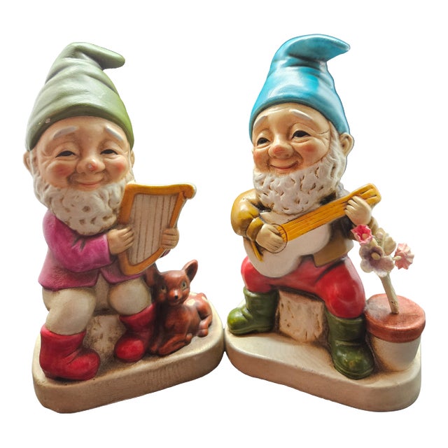 Vintage Set of Two Homco Ceramic Garden Gnomes Musical Instruments Forest Friends For Sale