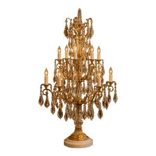 1990 French Louis XVI Gold Bronze Crystal Candelabra Table Lamp For Sale