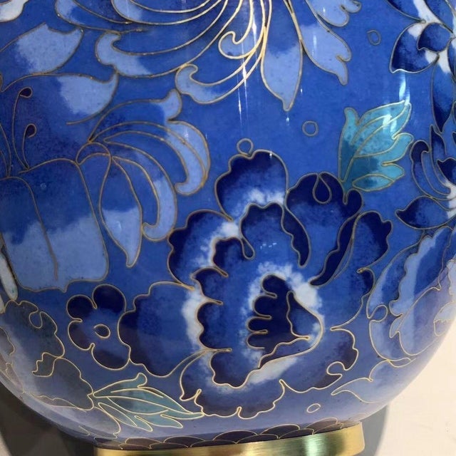 Wood Vintage Cloisonné Enamel Blue Floral Lidded Ginger Jar With Wooden Stand For Sale - Image 7 of 8