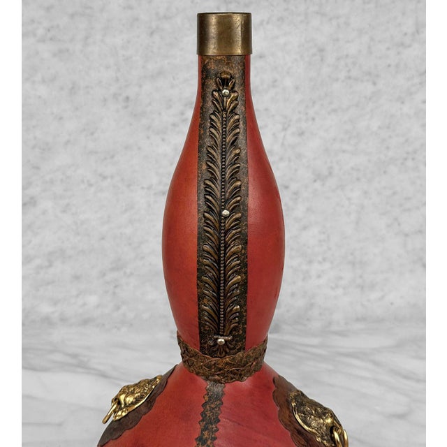 1970s Vintage Italian Revival Red Leather Cognac Decanter W/ Lion Head Motif For Sale - Image 5 of 10