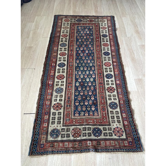 Ivory Antique Caucasian Talish Wool Rug, Indigo Field & Wide Border, C. 1880s — 3'7" × 7'4" For Sale - Image 8 of 9
