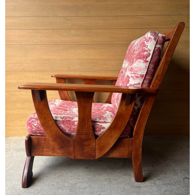 1930s 1930s Late Art Deco His and Hers Paddle Arm Lounge Chairs With Toile Uphostery- Set of 2 For Sale - Image 5 of 12