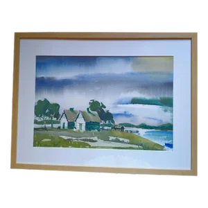 Misty Day in Penobscot Bay Cottages by the Sea Framed Original Watercolor Painting by David Beynon Pena