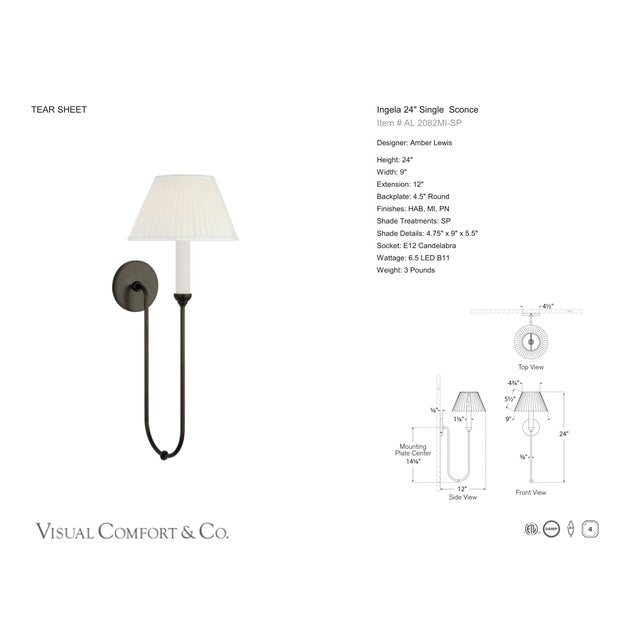 Black Amber Lewis for Visual Comfort Signature Ingela 24" Single Sconce in Modern Iron with Silk Pleat Shade For Sale - Image 8 of 9