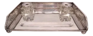 Antique Israel Freeman & Son Ltd Silver Plate Double Inkwell Stand - 3 Pieces