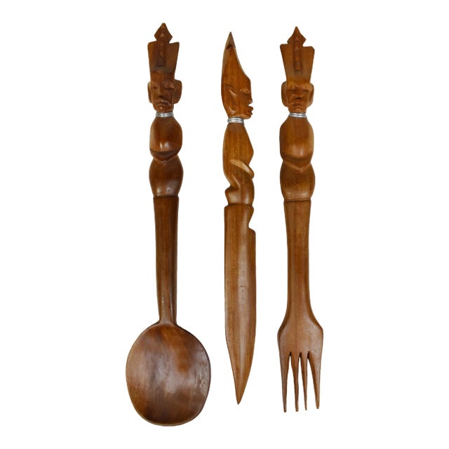 Mid 20th Century Vintage Hand Carved Solid Wood Salad Serving Utensils - Set of 3 For Sale