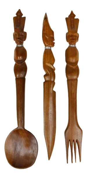 Mid 20th Century Vintage Hand Carved Solid Wood Salad Serving Utensils - Set of 3