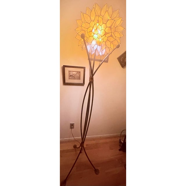 Brutalist Vintage Brutalist Capiz Shell "Lotus" Floor Lamp With Hand-Wrapped Copper Binding For Sale - Image 3 of 12