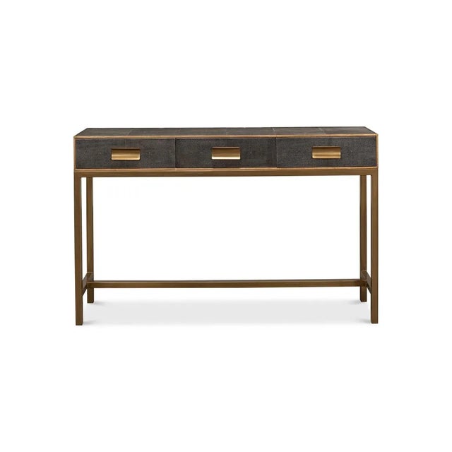 Modern Grey Leather Wrapped Console with gilt trim, three frieze drawers with marbleized interiors, brass handles and...