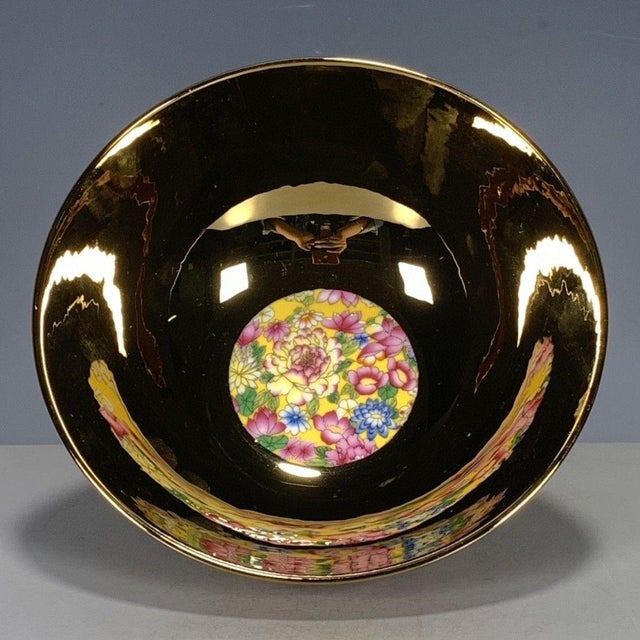 Yellow Chinese Yellow Ground Millefleur Porcelain Bowl With Gilt Interior For Sale - Image 8 of 9