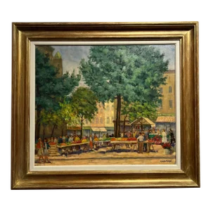 Mid Century European Market Scene C. 1950 Post-Impressionist Framed Oil Painting on Canvas by George Daumerie