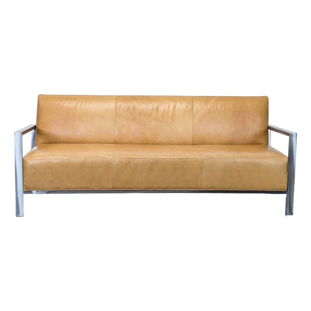 Room & Board Zinc Modern 3-Seat Camel Leather Sofa With Metal Frame For Sale