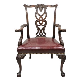 Antique Chippendale Georgian Carved Mahogany Ball and Claw Leather Arm Chair For Sale