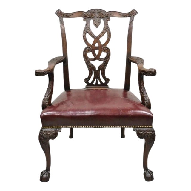 Antique Chippendale Georgian Carved Mahogany Ball and Claw Leather Arm Chair For Sale