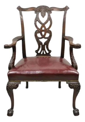 Antique Chippendale Georgian Carved Mahogany Ball and Claw Leather Arm Chair