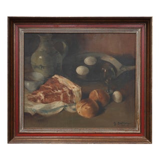 J. De Bruyne, Realist Still Life with Ham, Eggs and Bread, 1920s, Oil on Canvas For Sale
